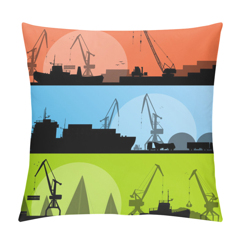 Personality  Industrial Harbor, Ships, Transportation And Crane Seashore Vect Pillow Covers