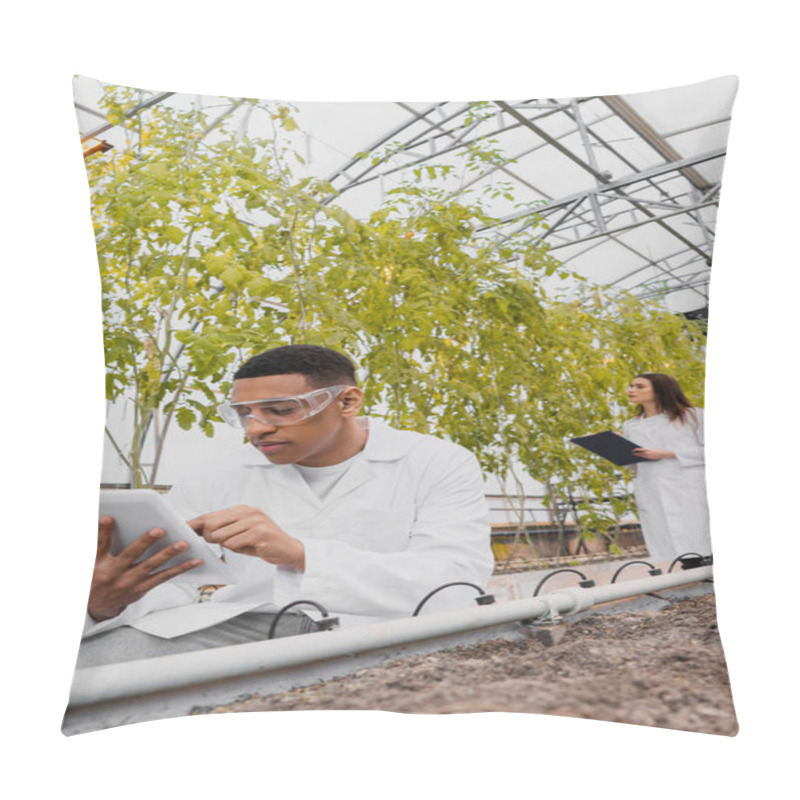 Personality  African American Botanist Using Digital Tablet Near Ground And Plants In Greenhouse  Pillow Covers