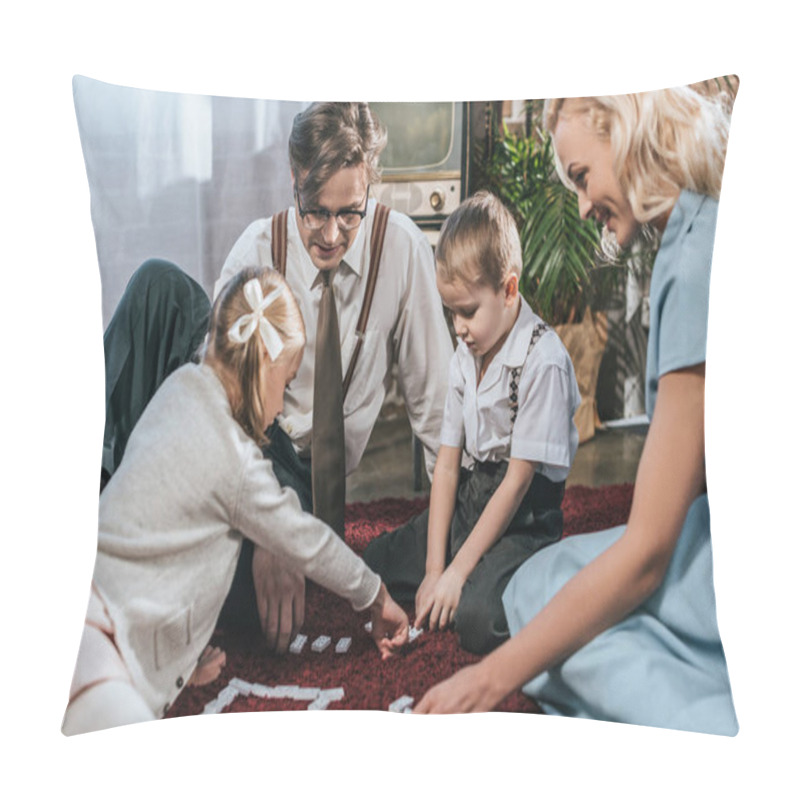 Personality  Smiling Old-fashioned Family Playing Dominoes Together At Home  Pillow Covers