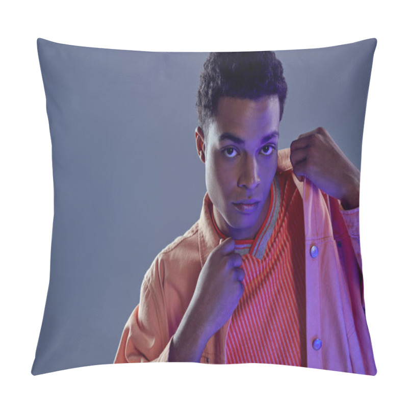 Personality  Portrait Of Handsome African American Guy In Peach Shirt Looking At Camera On Grey With Blue Light Pillow Covers