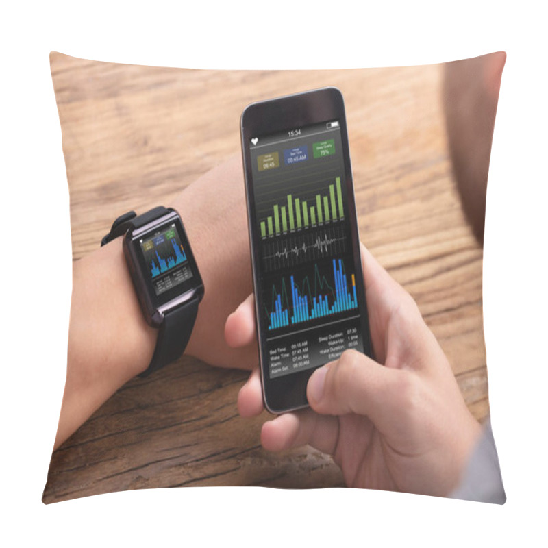 Personality  Man's Hand With Mobile And Smartwatch Showing Heartbeat Rate Over Wooden Desk Pillow Covers