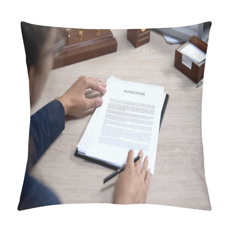 Personality  Woman In Suit Analyzing Visa Application, Migration Rules, International Law Pillow Covers