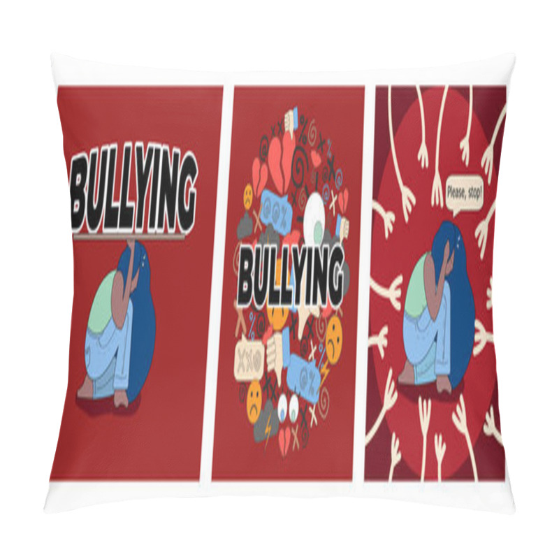 Personality  Set Of Illustrations Black Woman Is Trying To Withstand Onslaught Of Bullying And Racism. Girl Is Afraid And Wants Everything To Stop. Under Pressure From Sexual Harassment Pillow Covers