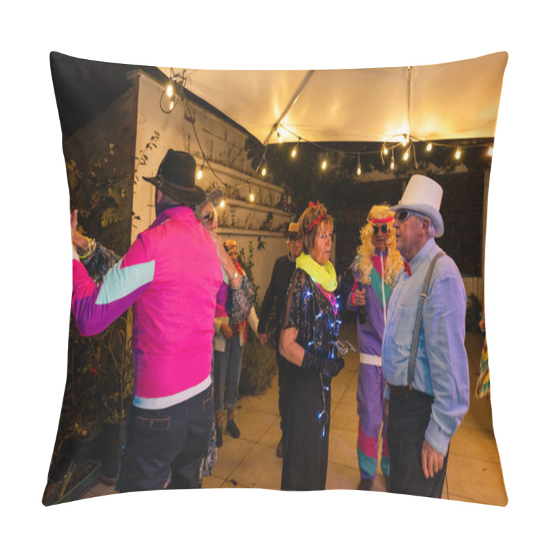 Personality  This Vibrant Image Showcases A Lively Gathering Of Senior Individuals Engaged In A Festive Outdoor Celebration. The Night Is Alive With Energy As The Group, Adorned In Colorful And Eclectic Attire Pillow Covers