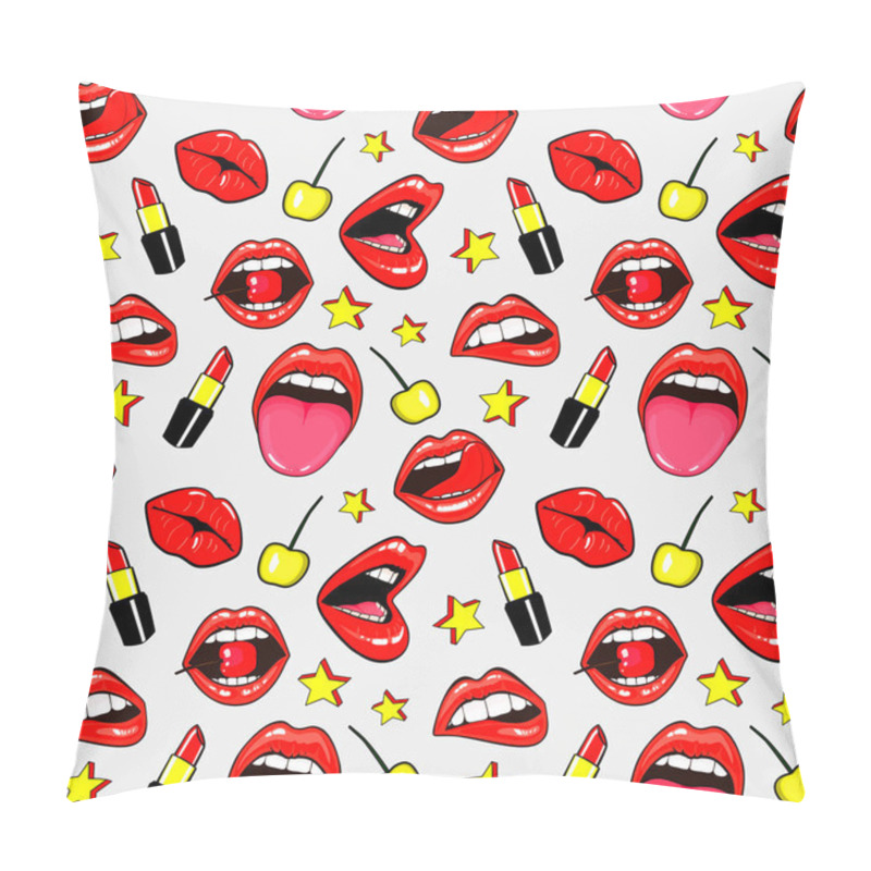 Personality  Seamless Pattern With Fashion Patch Badges With Lips, Kissing, Open Mouth, Hearts, Tongue, Stars. Vector Background With Stickers, Pins, Patches In Cartoon 80s-90s Comic Style. Sexy Red Lips Over Grey Pillow Covers