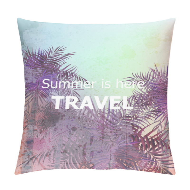 Personality  Vintage Summer Travel Card Vector. Palm Trees Tropic Backgrounds. Ultra Violet Trendy Colors Pillow Covers