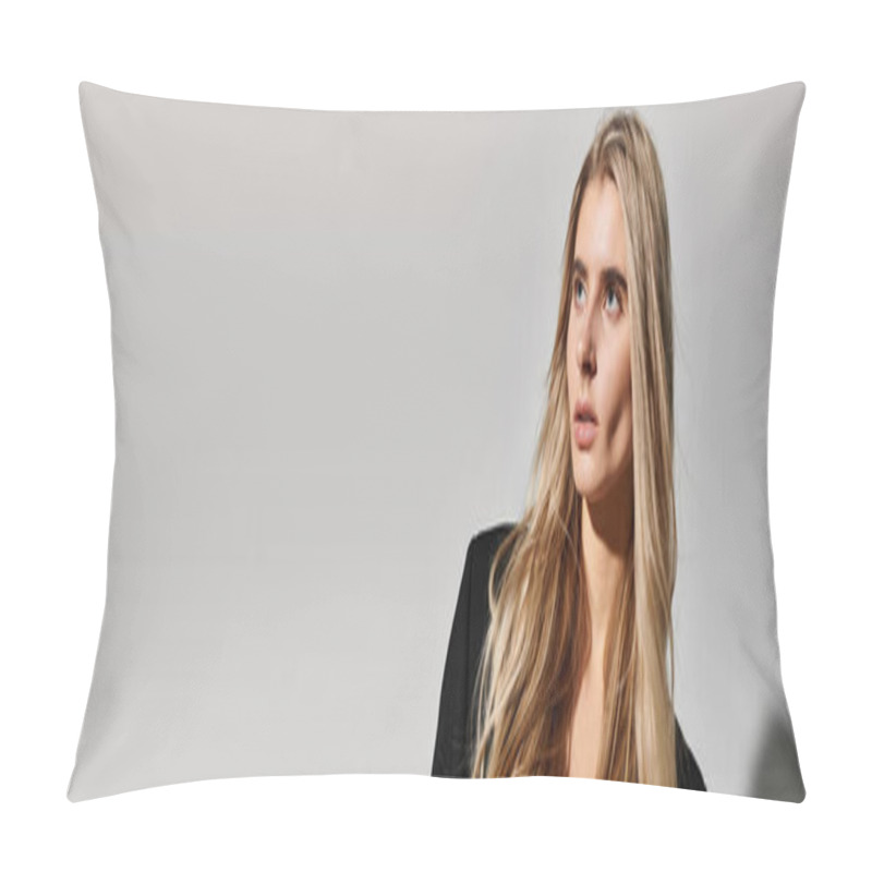 Personality  Young Blonde Woman In Black Attire Radiates Beauty Against A Minimalist Backdrop, Banner Pillow Covers