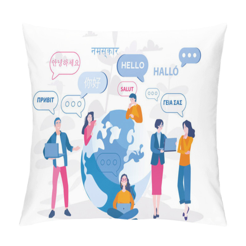 Personality  Young People Chatting In Foreign Languages. Vector Illustration For Web Banner, Infographics, Mobile. Male And Female Cartoon Characters Speaking Different Languages. Pillow Covers