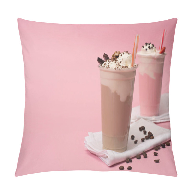 Personality  Selective Focus Of Disposable Cups Of Chocolate And Strawberry Milkshakes With Coffee Grains On Napkins On Pink Background Pillow Covers