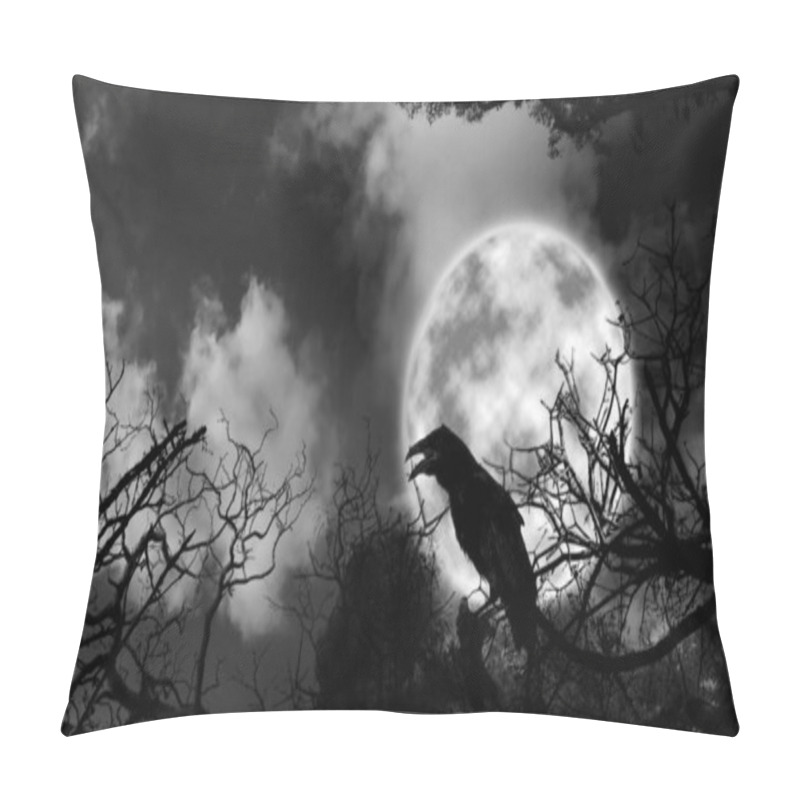 Personality  Creepy Black Crow Croaking In Scary Dark Forest On Full Moon Night Pillow Covers