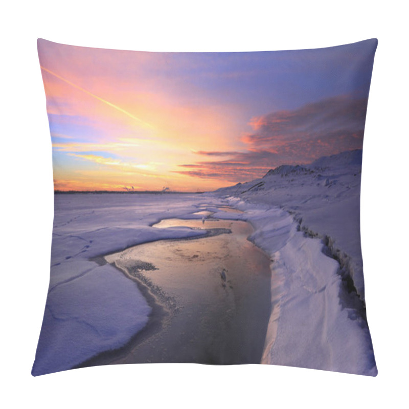 Personality  Winter Landscape Sunset On The Ice Of The River And The City On The Horizon Pillow Covers