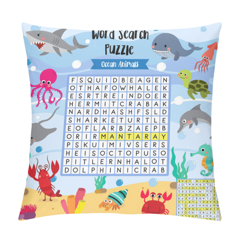 Personality  Words Search Puzzle Game Of Ocean Animals For Preschool Kids Activity Worksheet Layout In A4 Colorful Printable Version. Vector Illustration. Pillow Covers