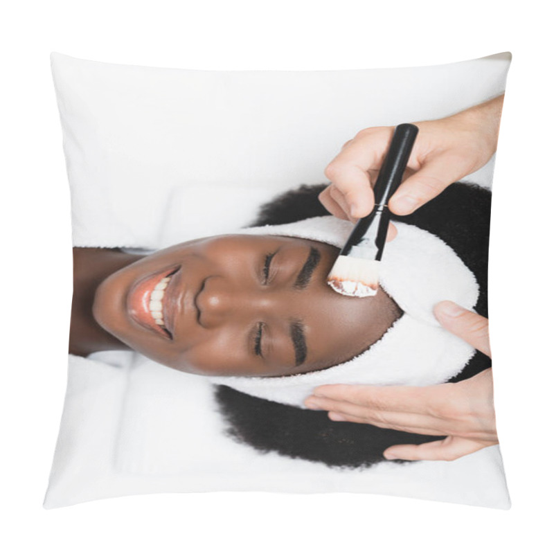 Personality  Top View Of Happy African American With Closed Eyes Lying Near Man With Cosmetic Brush In Spa Salon Pillow Covers