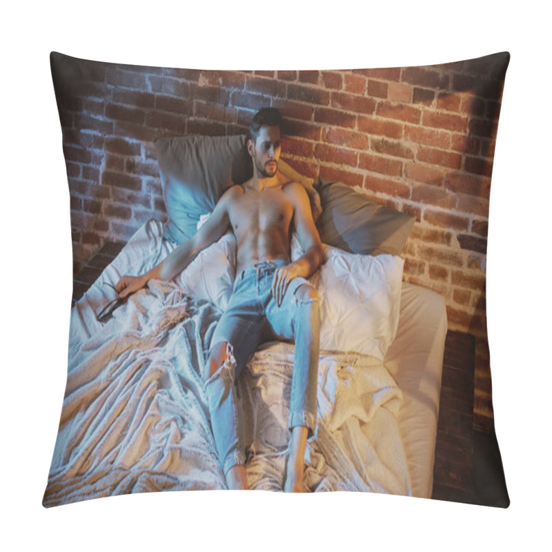 Personality  Portrait Of A Handsome, Wellbuild Guy Relaxing In The Stylish Bedroom Pillow Covers