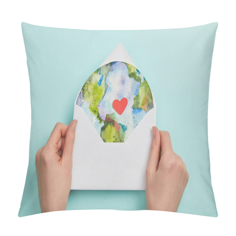 Personality  Top View Of Woman Holding Envelope With Planet Picture On Turquoise Background, Earth Day Concept Pillow Covers