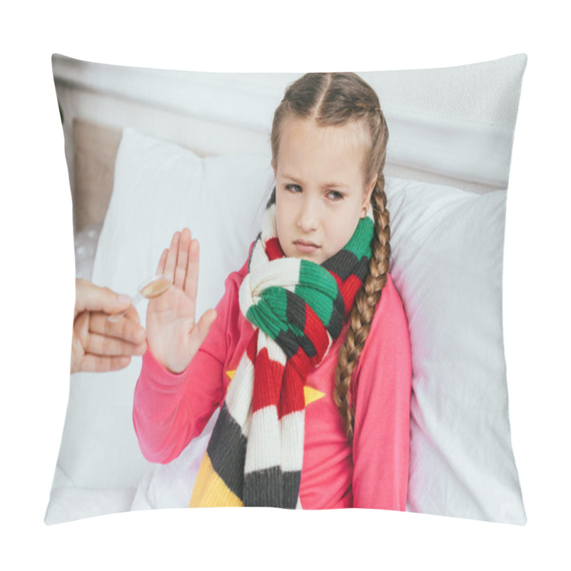 Personality  Sad Ill Daughter In Scarf Does Not Want To Take Medicines Pillow Covers