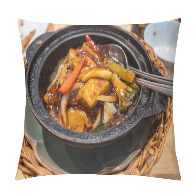 Personality  A Typical Cantonese Chinese Hot Pot Dish With Szechuan Spices And Tofu In An Iron Pot At A Restaurant. Pillow Covers