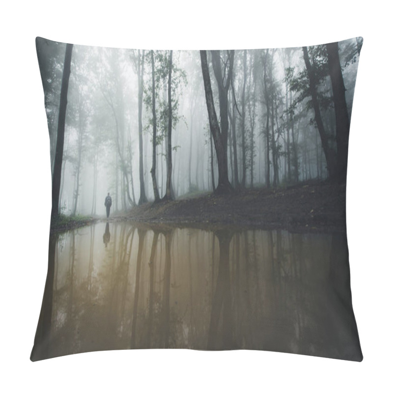 Personality  Man On Lake Edge In Dark Forest With Fog Pillow Covers