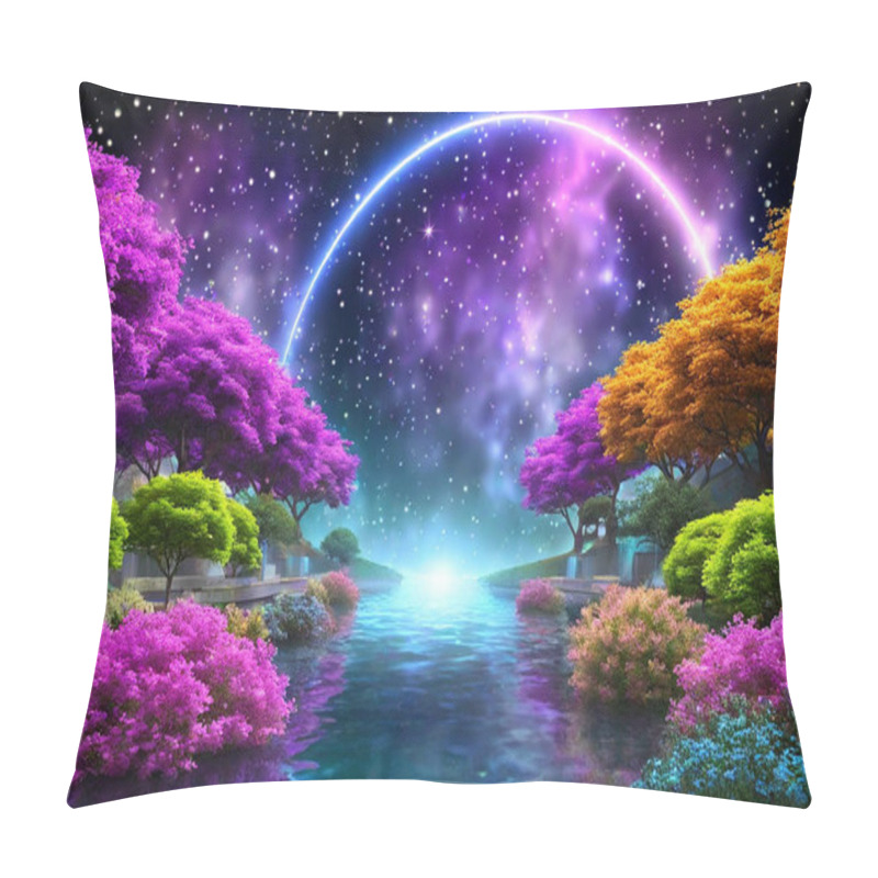 Personality  A Garden Floating In Space, Filled With Glowing Plants And Flowers That Radiate Cosmic Energy. A Central Fountain Made Of Stardust Flows With Liquid Light, And Mythical Creatures Such As Unicorns And Celestial Foxes Roam Freely. The Starscape Above Pillow Covers