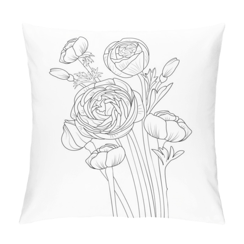 Personality  Hand-drawn Sketch Of The Ranunculus Flowers. Isolated On White Background. Vector Illustration, Vector Illustration, The Floral Background Of Flowers, Hand-drawn Ink Drawing, Sketch, Engraving Style, Monochrome, Pillow Covers