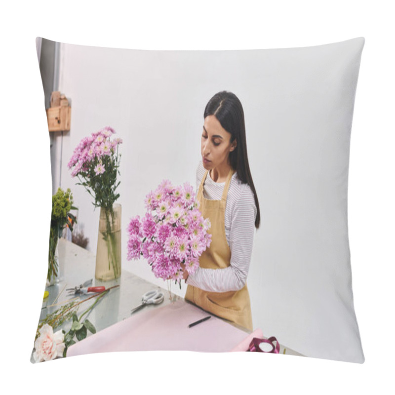 Personality  A Devoted Florist Carefully Arranges A Beautiful Bouquet Of Flowers, Showcasing Her Creativity. Pillow Covers