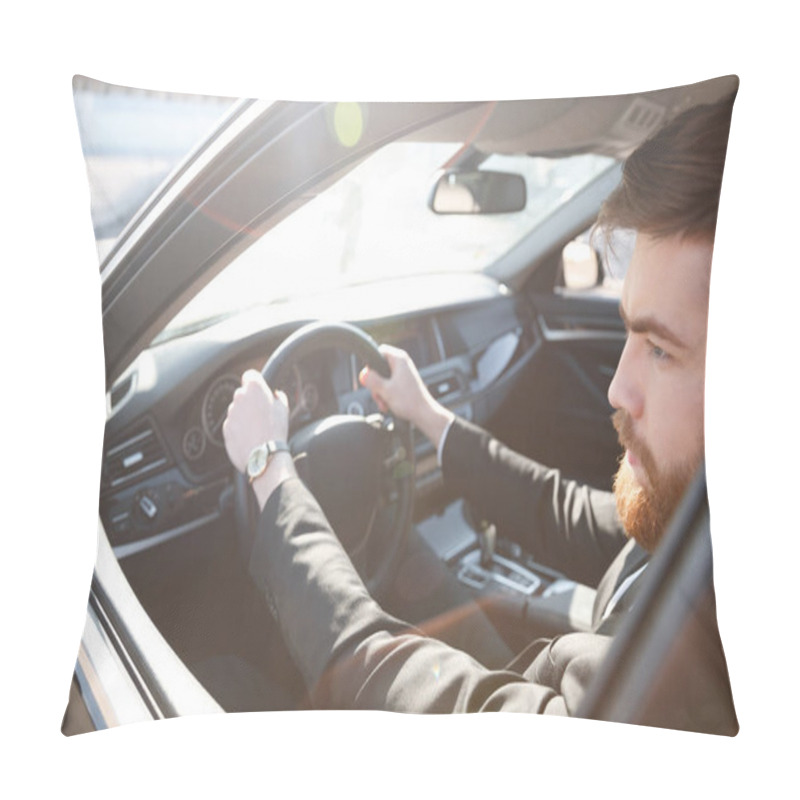 Personality  Cropped Image Of Bearded Man Driving Car Pillow Covers