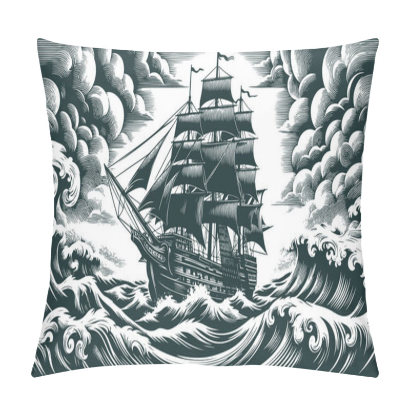 Personality  Detailed Engraved Illustration Of A Large Sailing Ship Navigating Through Rough Swirling Ocean Waves During A Stormy Weather Pillow Covers