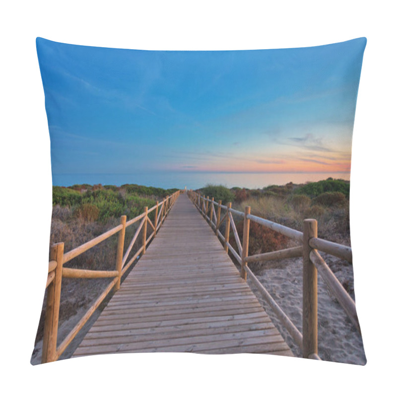 Personality  Weathered Lumber Path Leading To Calm Sea During Beautiful Sunse Pillow Covers