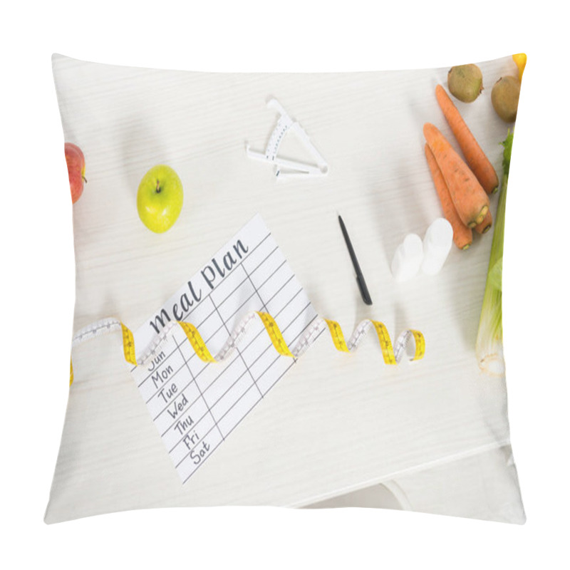 Personality  Top View Of Meal Plan, Measure Tape, Pen, Caliper, Pills And Fresh Fruits And Vegetables On Table Pillow Covers