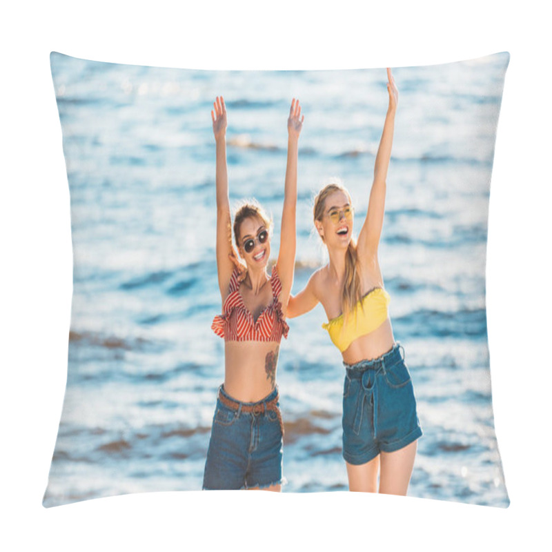 Personality  Beautiful Happy Young Women Raising Hands And Having Fun Together Near Sea Pillow Covers