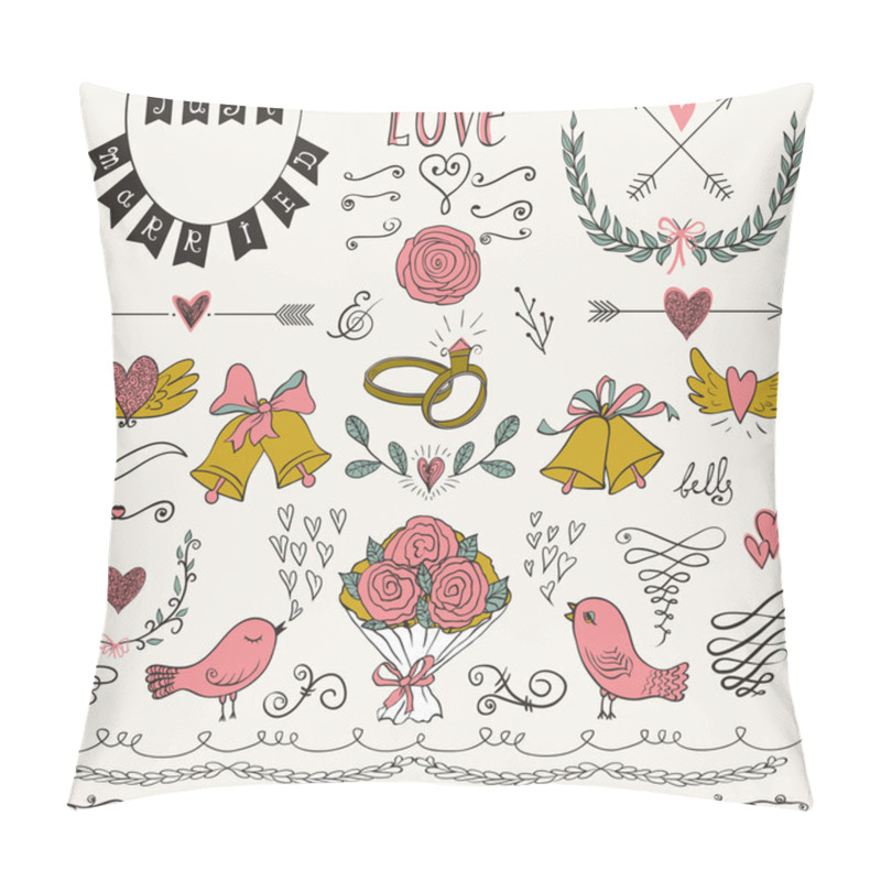 Personality  Wedding Graphic Set, Arrows, Hearts, Birds, Bells, Rings, Laurel, Wreaths, Ribbons And Labels. Pillow Covers