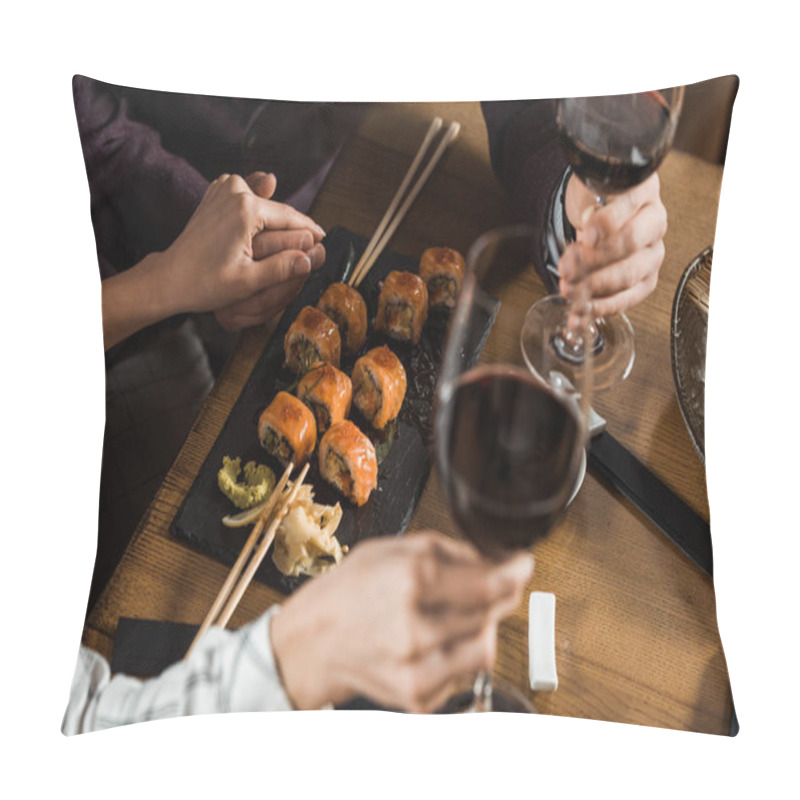 Personality  Partial View Of Couple Holding Hands While Drinking Wine And Eating Sushi In Restaurant Pillow Covers