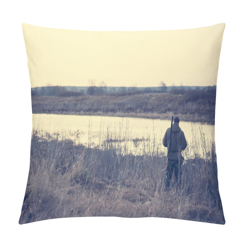 Personality  Hunter Man Standing At River Bank In Expectation Of Successful Hunting During Misty Sunrise In Rural Field Pillow Covers