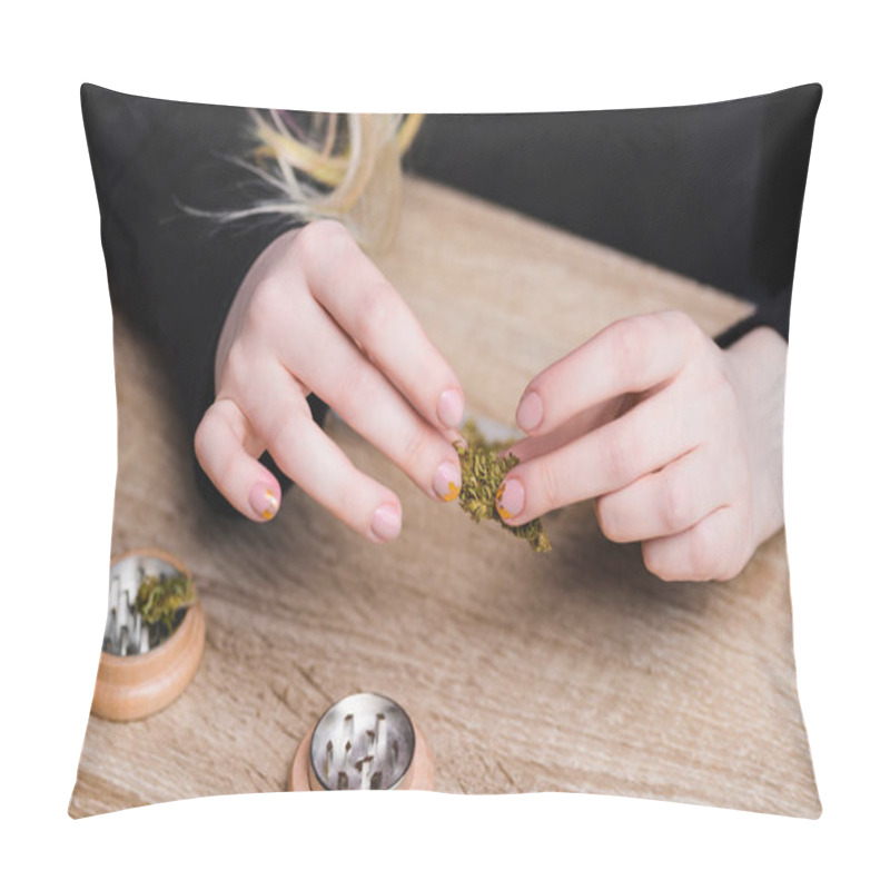 Personality  Cropped View Of Girl At Table Holding Medical Marijuana Pillow Covers