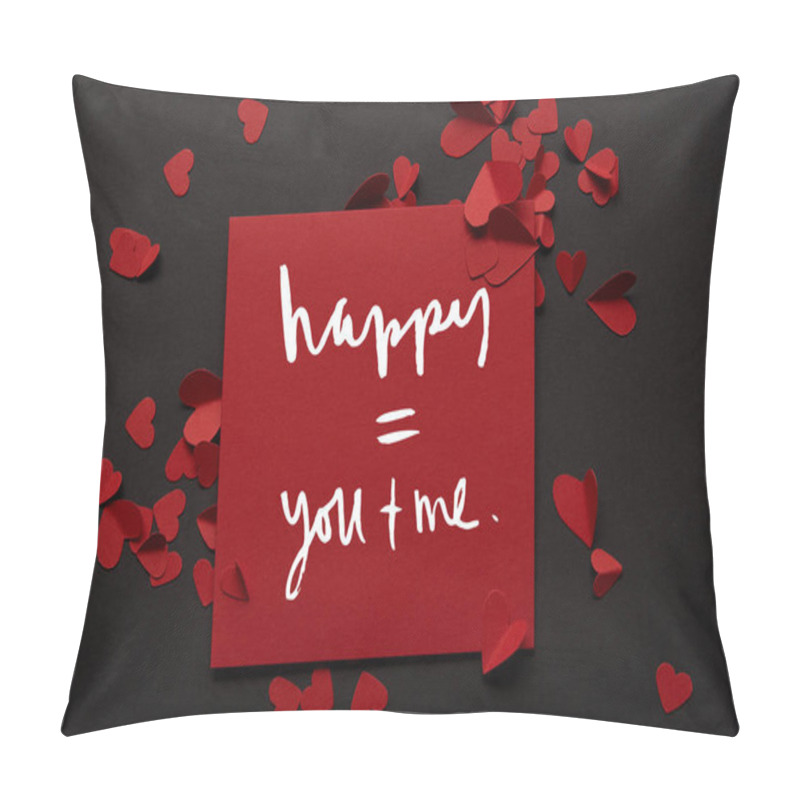 Personality  Top View Of Red Greeting Card With Love Lettering And Paper Cut Hearts On Black Background Pillow Covers