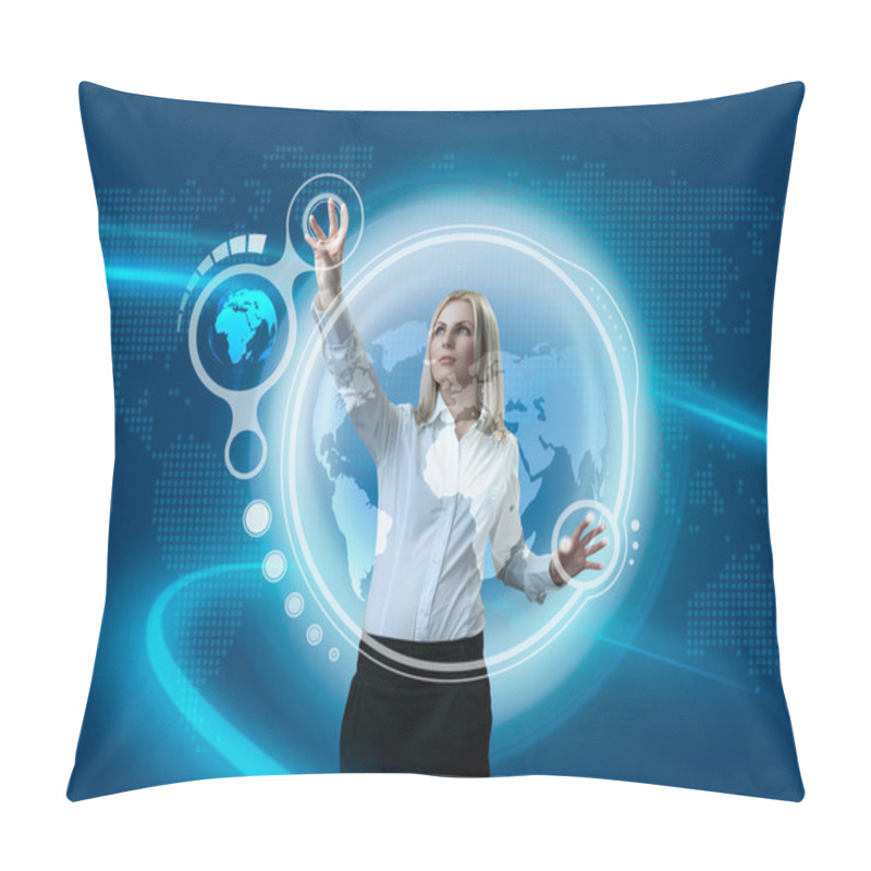 Personality  Future Globe Interface Navigating By Attractive Blonde (outstanding Business In Interiors - Interfaces Series) Pillow Covers