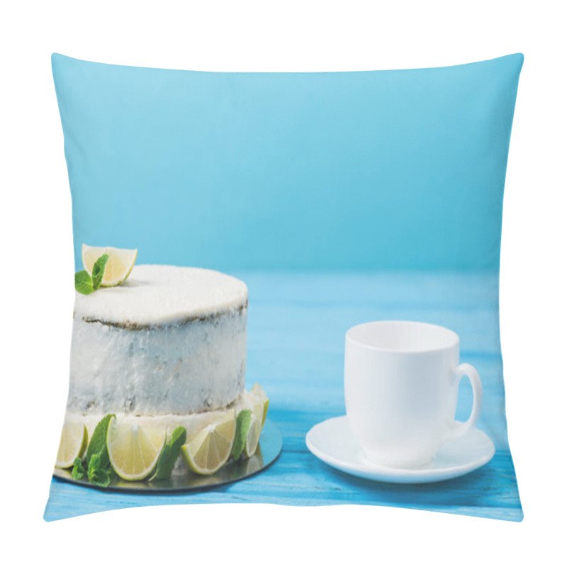 Personality  Cake Decorated With Slices Of Lime Near Tea Cup Isolated On Blue Pillow Covers