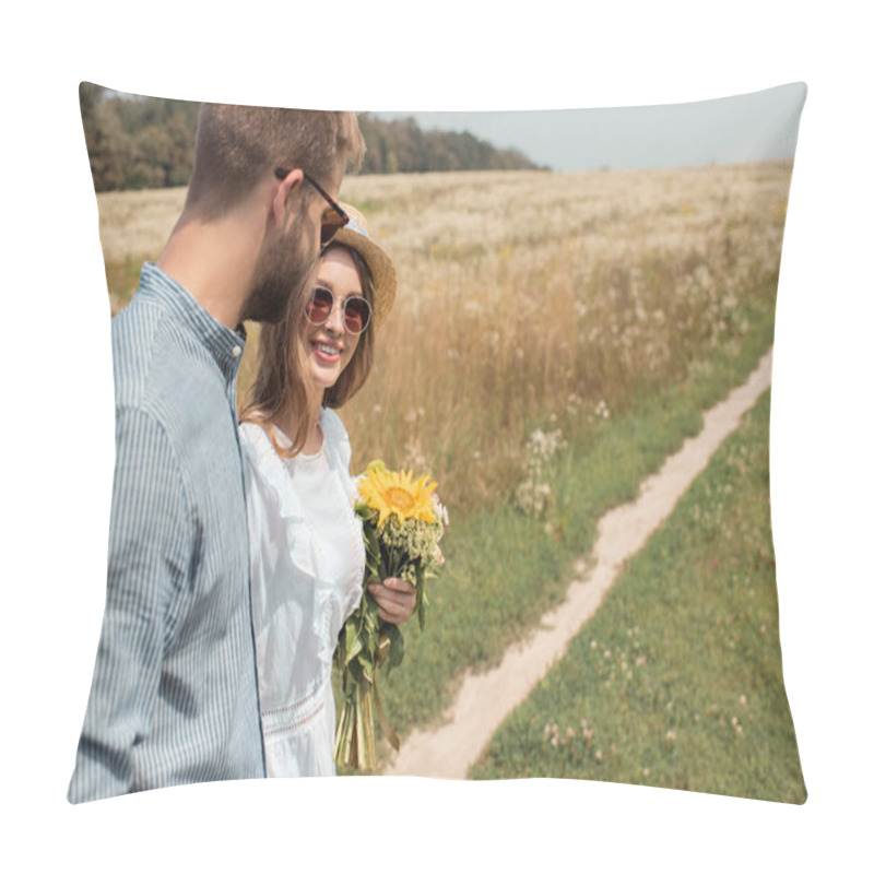 Personality  Side View Of Smiling Woman With Bouquet Of Wild Flowers And Boyfriend Near By In Field Pillow Covers