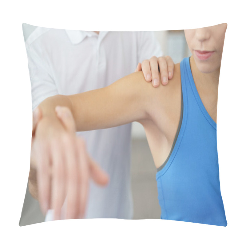 Personality  Physical Therapist Examines The Shoulder Of Woman Pillow Covers