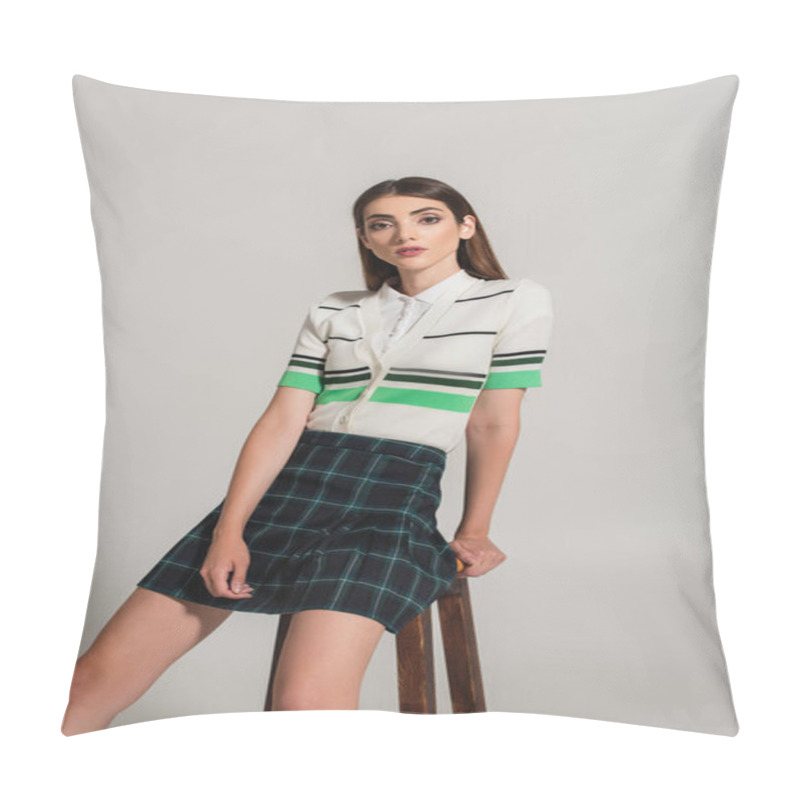 Personality  Pretty Woman In Striped Polo T-shirt And Plaid Skirt Looking At Camera On Grey Background Pillow Covers