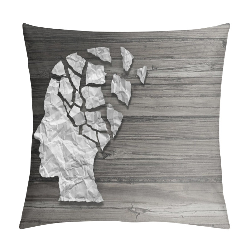 Personality  Parkinson Patient Disease And Brain Disorder Symptoms As A Human Head Made Of Crumpled Paper With Broken Pieces Representing Health Loss And Elderly Degenerative Neurology Illness. Pillow Covers