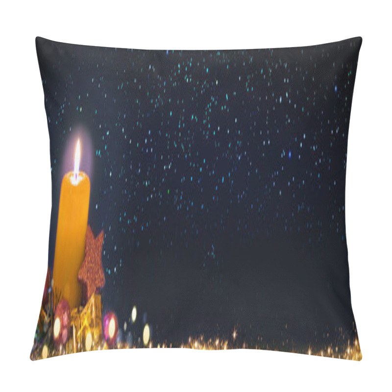 Personality  Burning Golden Advent Candle On Stars Sky Background . Pillow Covers