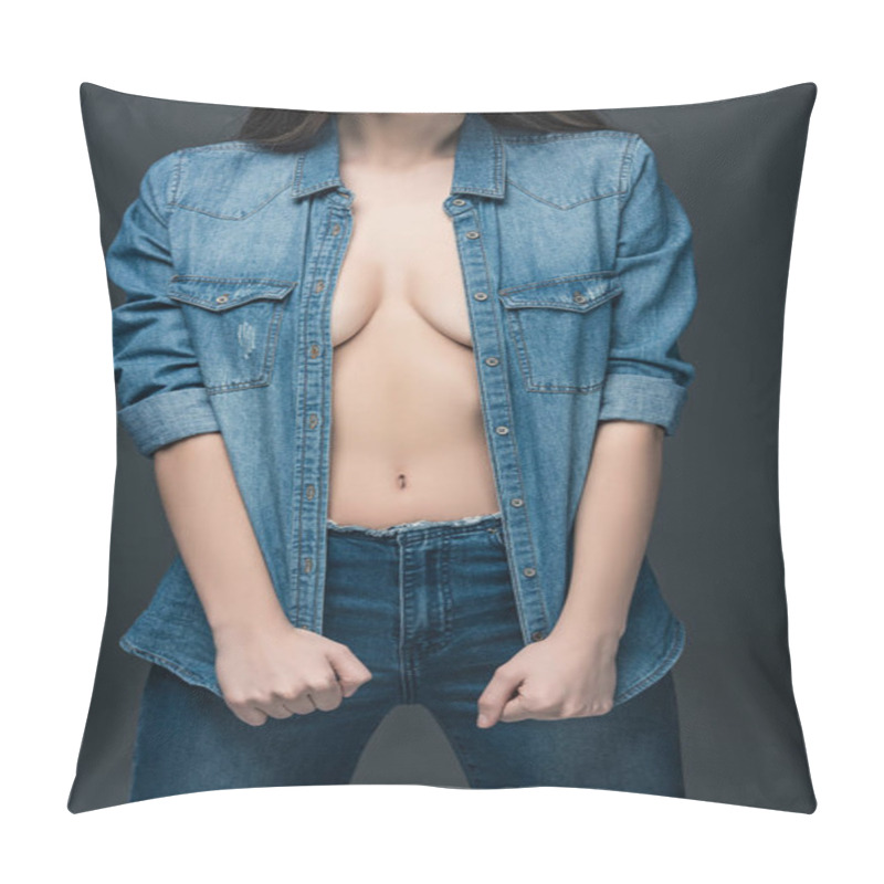 Personality  Cropped View Of Passionate Woman Posing In Denim Clothes, Isolated On Grey  Pillow Covers