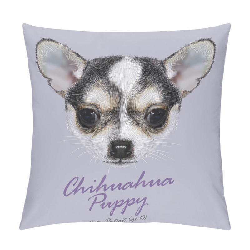 Personality  Chihuahua Animal Dog Cute Face. Vector Black And White Spotted Chihuahua Puppy Head Portrait. Realistic Fur Portrait Of Purebred Chihuahua Doggy On Blue Background. Pillow Covers