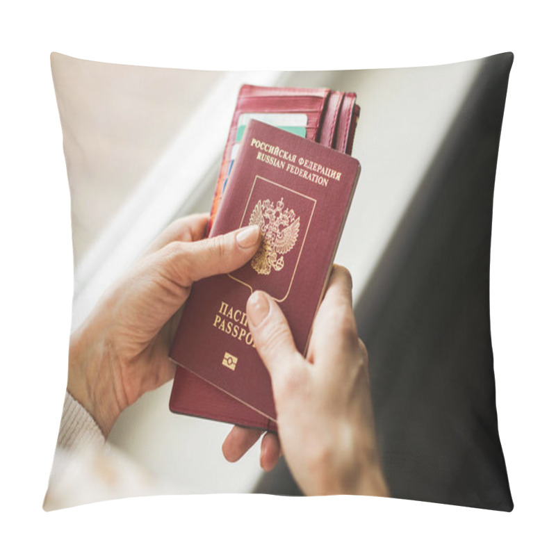 Personality  Foreign Passport Of The Russian Federation Is Held By Female Hands Pillow Covers