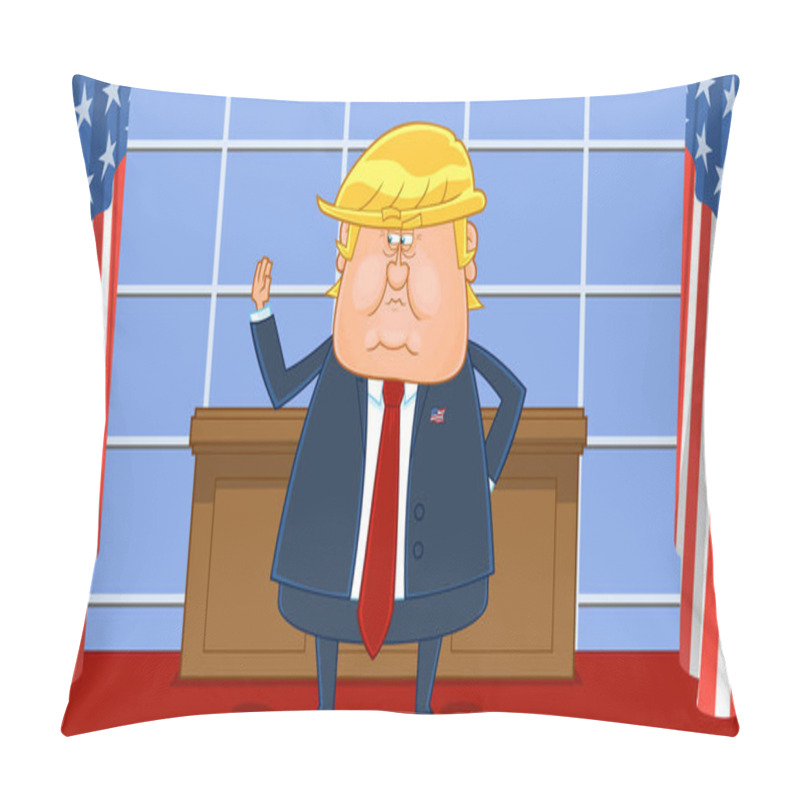 Personality  President Donald Trump Cartoon Character Raised His Hand At The White House. Raster Illustration With Background Pillow Covers