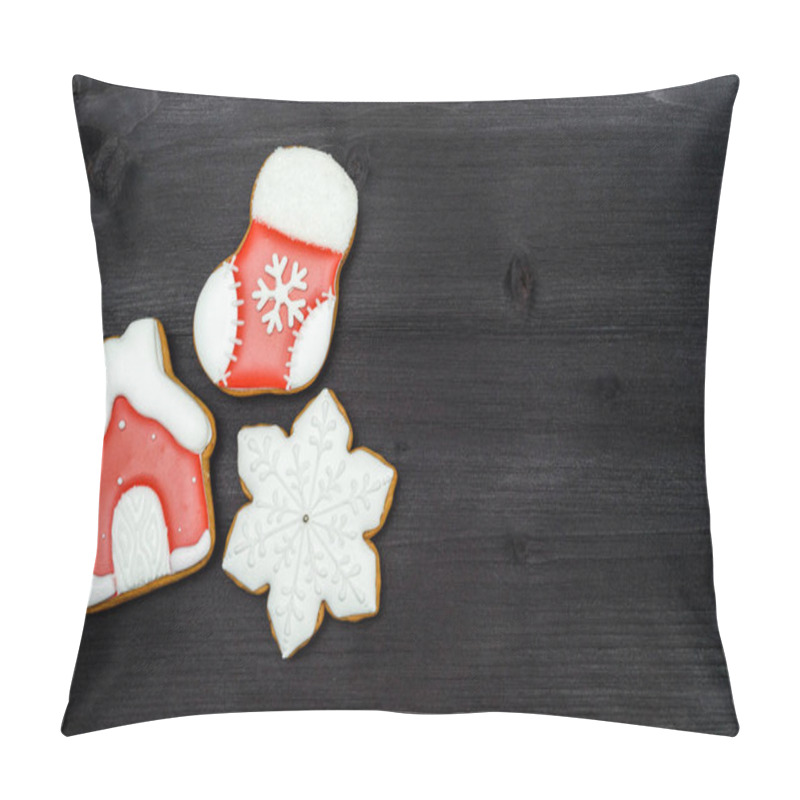 Personality  Tasty Homemade Gingerbread Cookies With Icing On Dark Wooden Table, Top View, Flat Lay. Christmas Background With Snowflake, Stocking And House, Copy Space. Holiday Food Pillow Covers