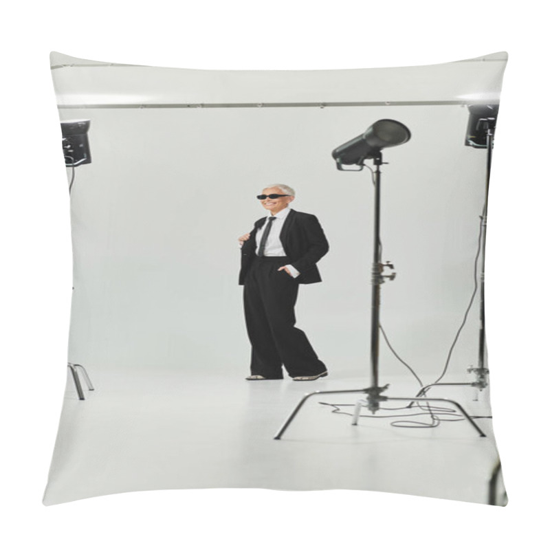 Personality  Confident Individual Showcases Unique Style In A Minimalist Studio Setting. Pillow Covers