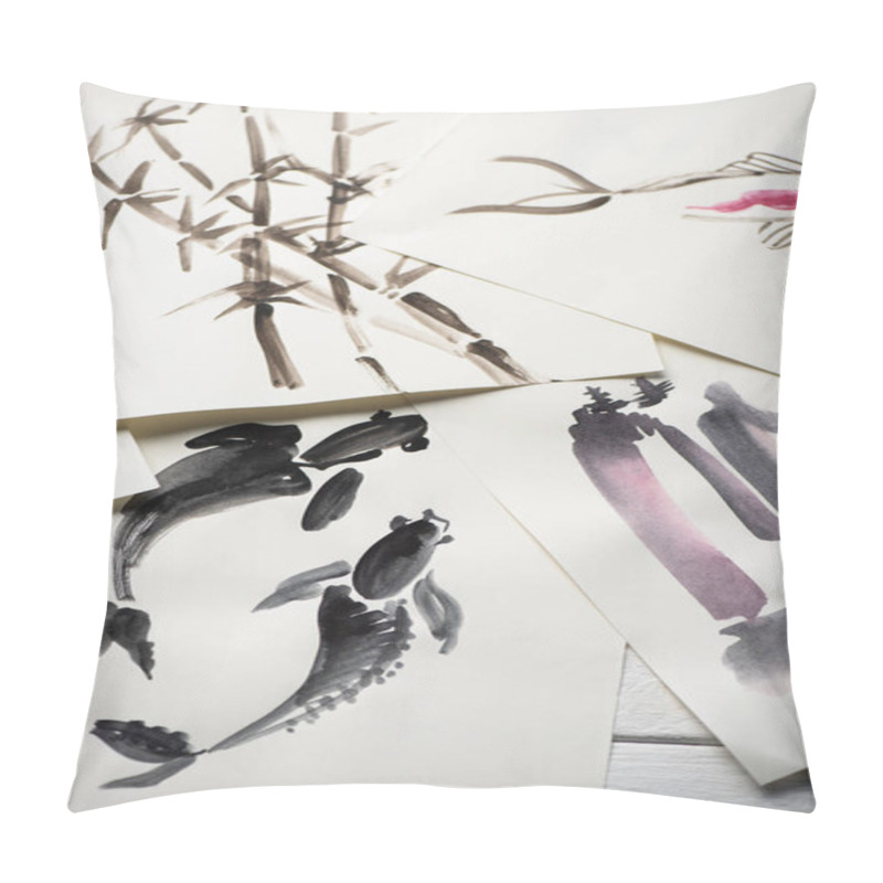 Personality  Top View Of Pictures With Japanese Painting On Wooden Background Pillow Covers