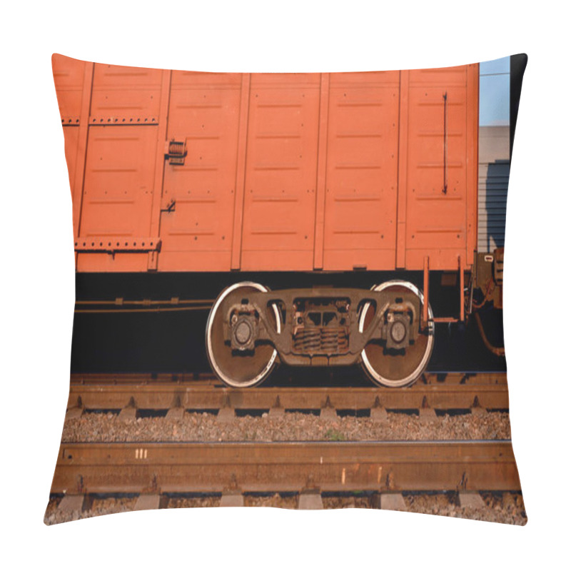 Personality  Detailed Photo Of Railway Freight Car. A Fragment Of The Component Parts Of The Freight Car On The Railroad In Daylight Pillow Covers